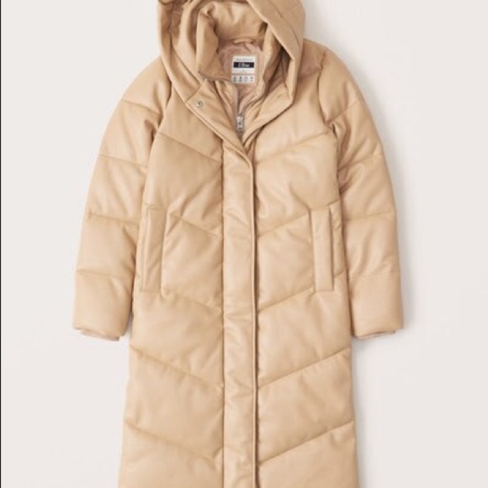 Abercrombie Ultra Long Vegan Leather Puffer Tan M